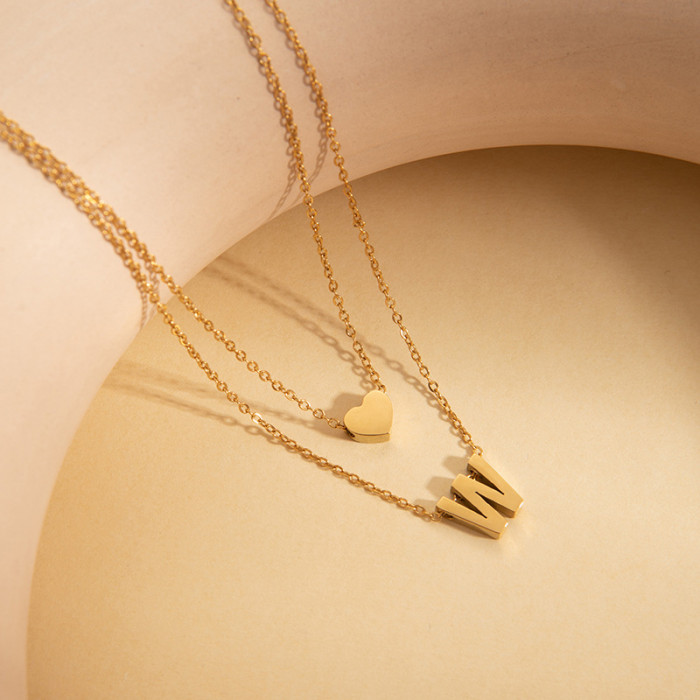 Cross-Border Hot-Selling Necklace Double-Layer Heart Necklace Elegant English Letter Collarbone Chain Stainless Steel Titanium Steel Choker Necklace