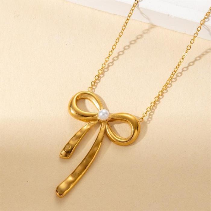 French Style Stainless Steel Heart Pendant Necklace Niche High-End Sense Choker Sun Bowknot K-Gold Plated Titanium Steel Necklace
