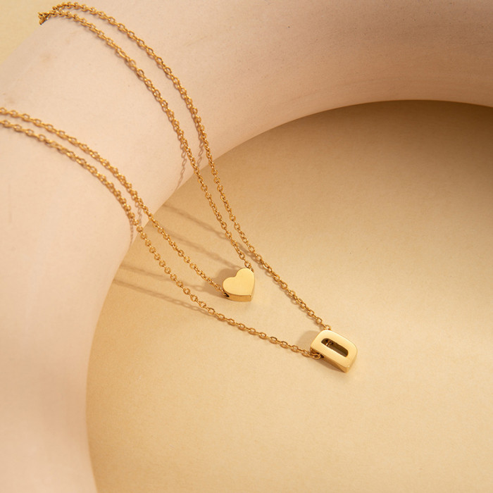 Cross-Border Hot-Selling Necklace Double-Layer Heart Necklace Elegant English Letter Collarbone Chain Stainless Steel Titanium Steel Choker Necklace