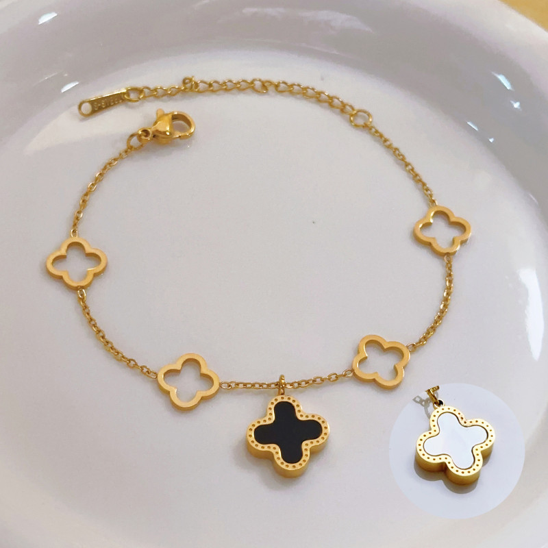 Four-leaf Clover Non-Fading High Version Bracelet Light Luxury Black and White Double-Sided Gold Light Luxury Jewelry Cross-Border High-End Set