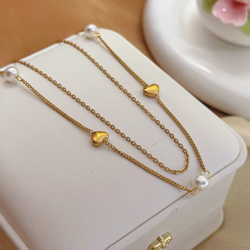 Cross-Border Hot-Selling Pearl Heart Titanium Steel Necklace for Women, Light Luxury, Elegant, High-End Clavicle Chain, Versatile, Non-Fading Jewelry