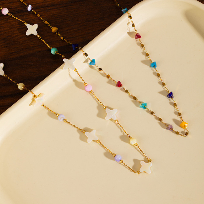 Cross-Border Titanium Steel Colorful Stone Necklace Summer Crushed Stone Colorful Bead Collarbone Chain Stainless Steel Bead Chain Shell Necklace Jewelry