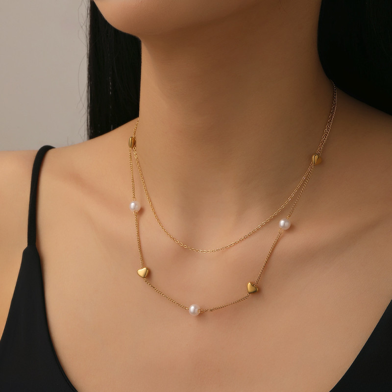 Cross-Border Hot-Selling Pearl Heart Titanium Steel Necklace for Women, Light Luxury, Elegant, High-End Clavicle Chain, Versatile, Non-Fading Jewelry