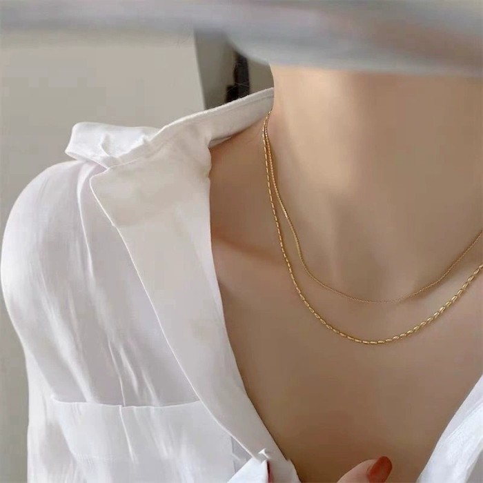 Fashion INS Simple Niche Design Rice Grain Chain Personality Stainless Steel 18K Gold Plated Multi-layer Necklace for...