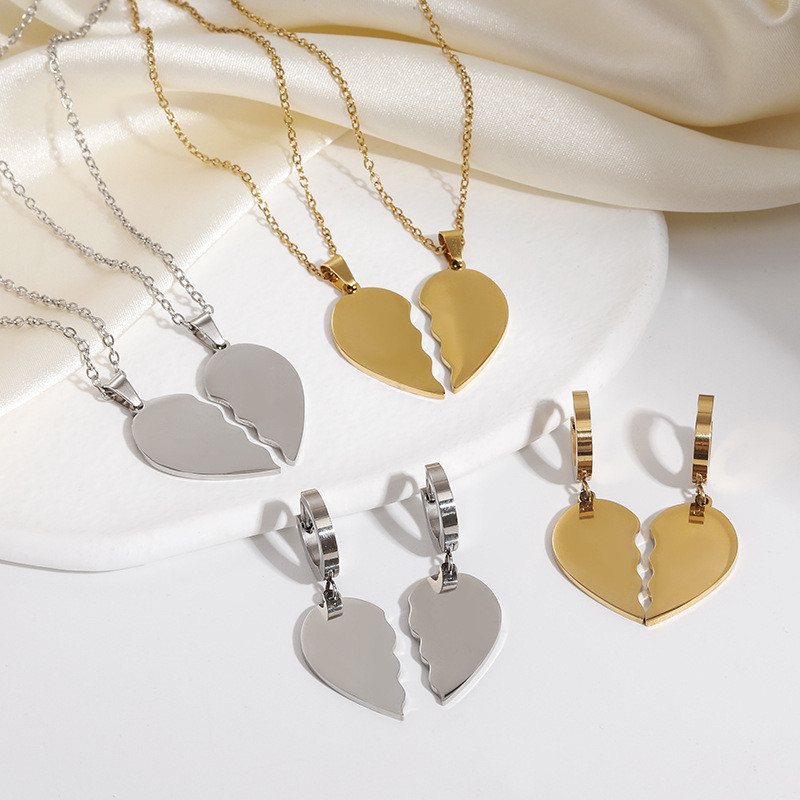 Stainless Steel Earrings Necklace He Loves Heart Couple Splicing Neck Chain Clavicle Chain Non-Fading Cross-Border Titanium Steel Necklace for Women