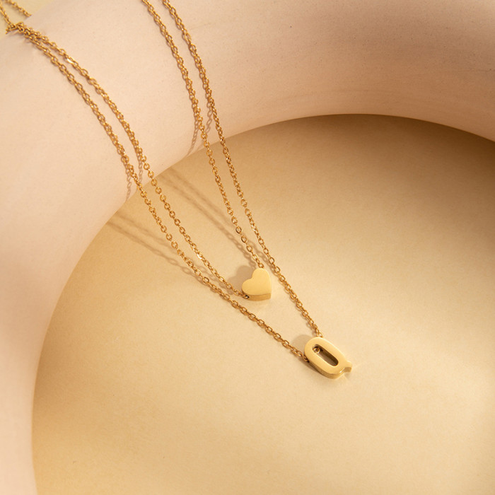 Cross-Border Hot-Selling Necklace Double-Layer Heart Necklace Elegant English Letter Collarbone Chain Stainless Steel Titanium Steel Choker Necklace
