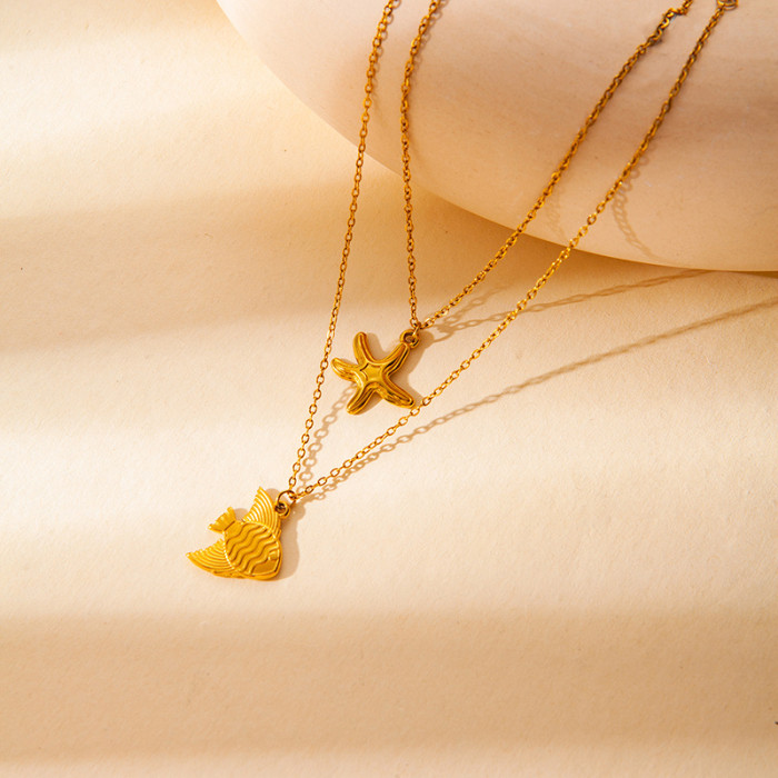 French Style Stainless Steel Heart Pendant Necklace Niche High-End Sense Choker Sun Bowknot K-Gold Plated Titanium Steel Necklace