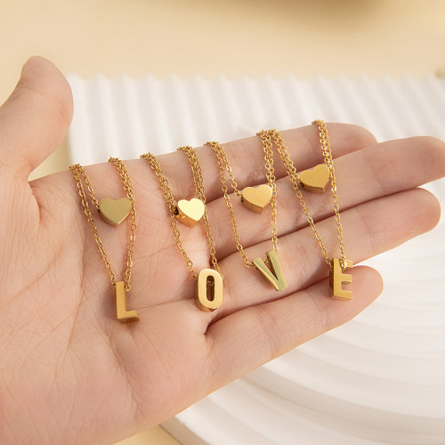 Cross-Border Hot-Selling Necklace Double-Layer Heart Necklace Elegant English Letter Collarbone Chain Stainless Steel Titanium Steel Choker Necklace