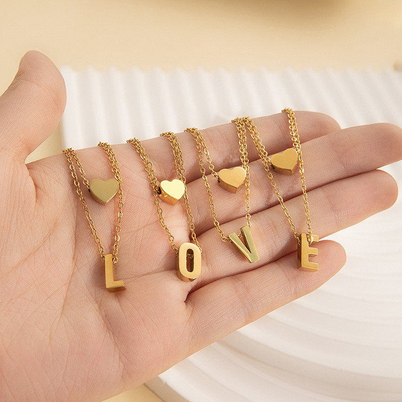 Cross-Border Hot-Selling Necklace Double-Layer Heart Necklace Elegant English Letter Collarbone Chain Stainless Steel Titanium Steel Choker Necklace