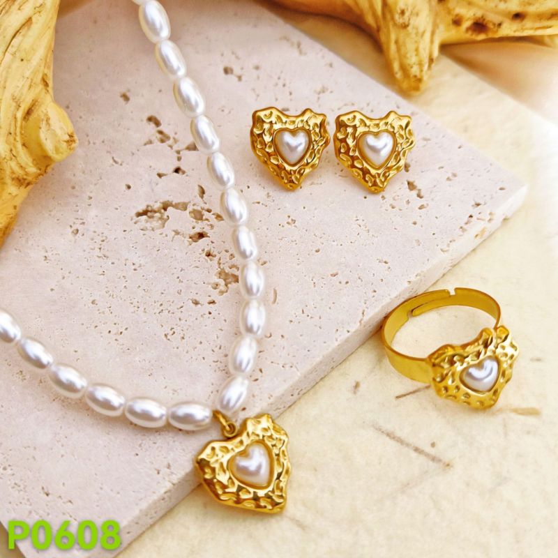 New Autumn Winter Necklace Non-Fading Women's Pearl Heart Ring Pendant High-End Sweater Chain Light Luxury Set Accessories