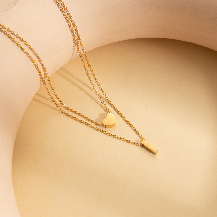 Cross-Border Hot-Selling Necklace Double-Layer Heart Necklace Elegant English Letter Collarbone Chain Stainless Steel Titanium Steel Choker Necklace