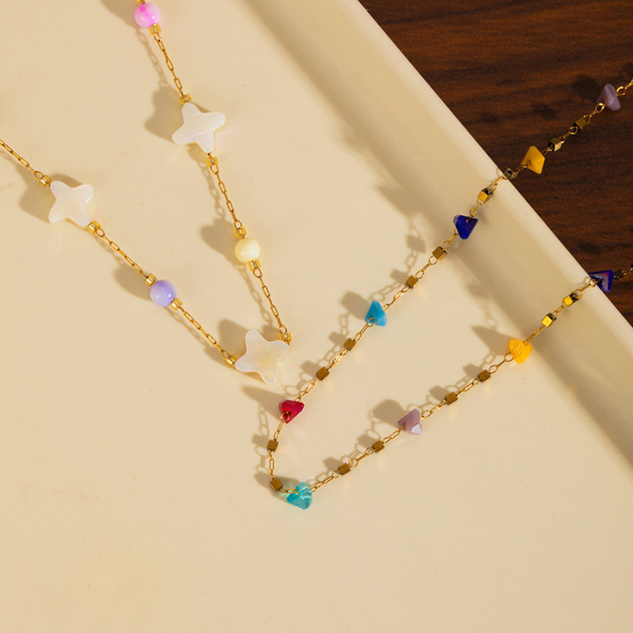 Cross-Border Titanium Steel Colorful Stone Necklace Summer Crushed Stone Colorful Bead Collarbone Chain Stainless Steel Bead Chain Shell Necklace Jewelry