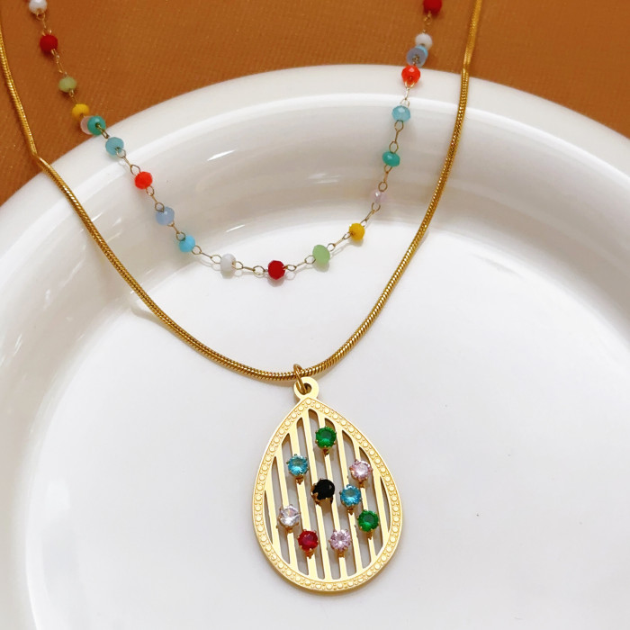 INS Real Gold Inlaid Colorful Zircon Pendant Titanium Steel Necklace for Women Pipa Personality Trendy Creative Jewel...