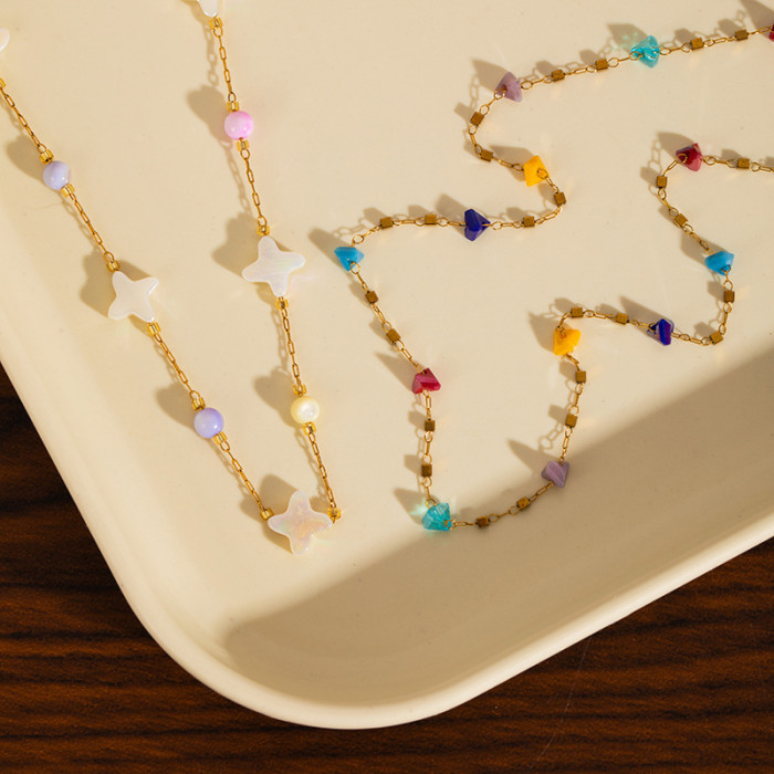 Cross-Border Titanium Steel Colorful Stone Necklace Summer Crushed Stone Colorful Bead Collarbone Chain Stainless Steel Bead Chain Shell Necklace Jewelry