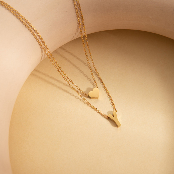 Cross-Border Hot-Selling Necklace Double-Layer Heart Necklace Elegant English Letter Collarbone Chain Stainless Steel Titanium Steel Choker Necklace