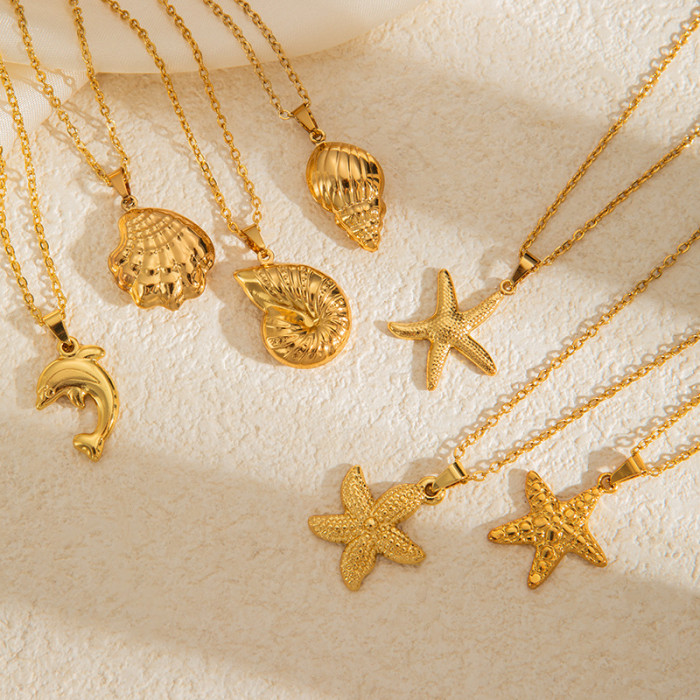 Fashion Stainless Steel Necklace Ocean Style Necklace Conch Starfish Shell Necklace 18K Gold Plated Vacation Choker C...