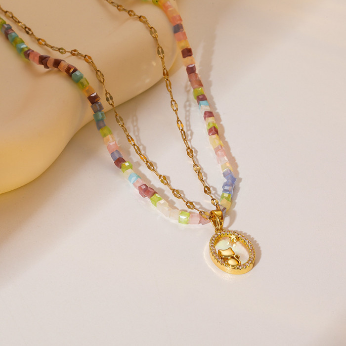 Bohemian Style Necklace Stainless Steel Necklace Colorful Rice Beads Layered Necklace Summer Vacation Style Beaded Collarbone Chain