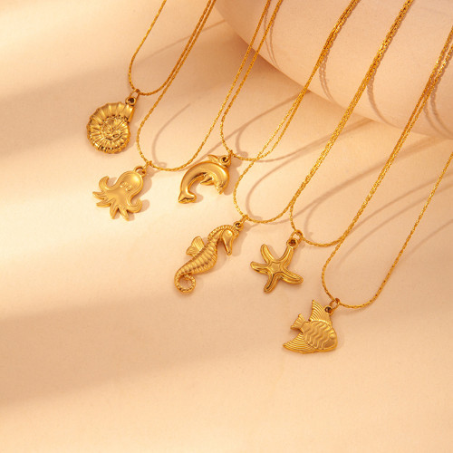 European and American Style Stainless Steel Seahorse Earrings Beach Vacation Jewelry Set Dolphin Necklace Vacuum K Gold Plating Non-Fading