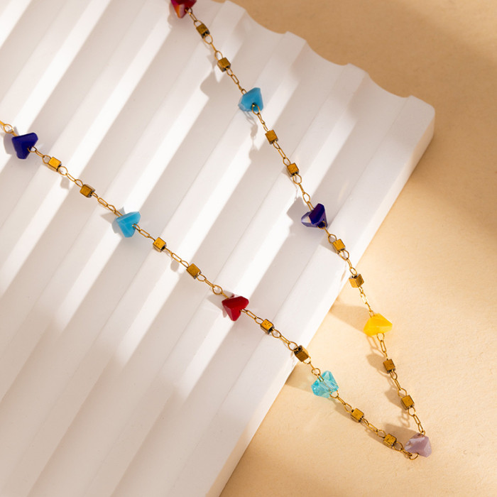 Cross-Border Titanium Steel Colorful Stone Necklace Summer Crushed Stone Colorful Bead Collarbone Chain Stainless Steel Bead Chain Shell Necklace Jewelry
