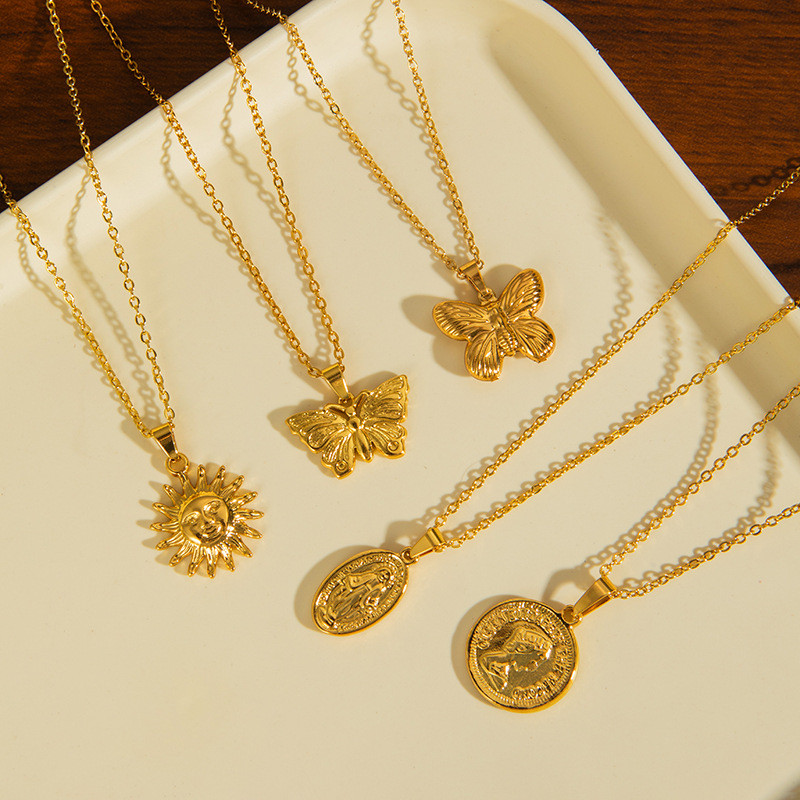 European and American Style Stainless Steel Necklace Electroplated 18k Gold Necklace Butterfly Sun Choker Portrait Faith Necklace Collarbone Chain