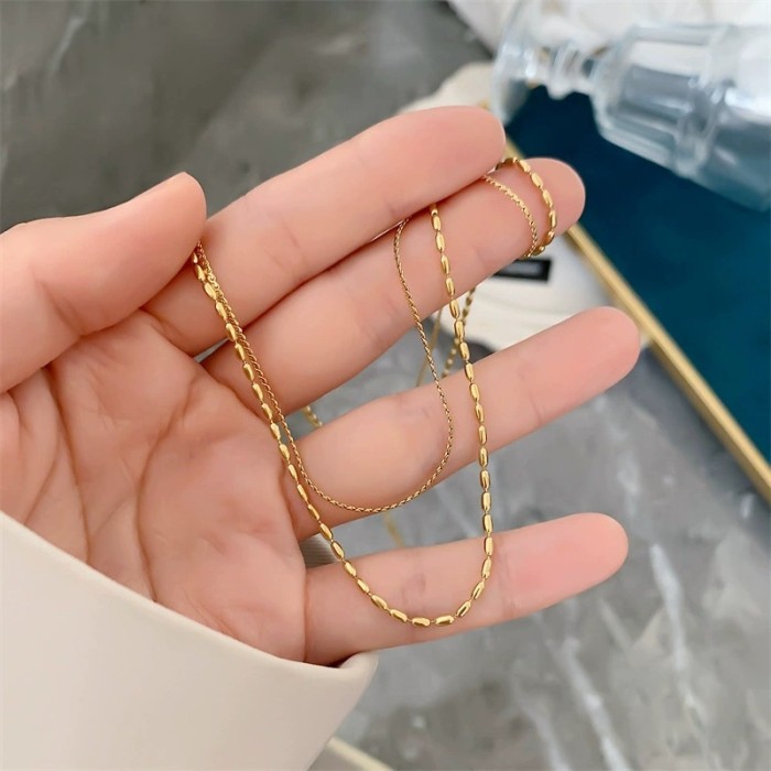 Fashion INS Simple Niche Design Rice Grain Chain Personality Stainless Steel 18K Gold Plated Multi-layer Necklace for...