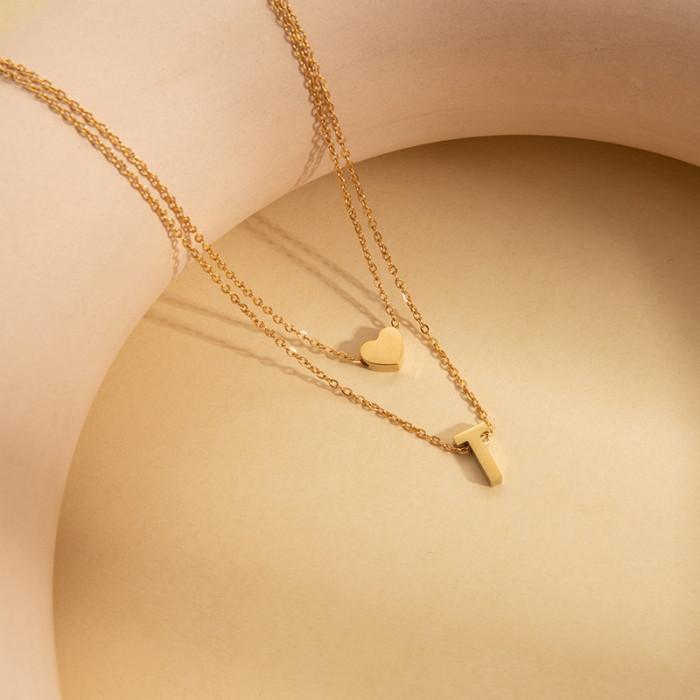 Cross-Border Hot-Selling Necklace Double-Layer Heart Necklace Elegant English Letter Collarbone Chain Stainless Steel Titanium Steel Choker Necklace
