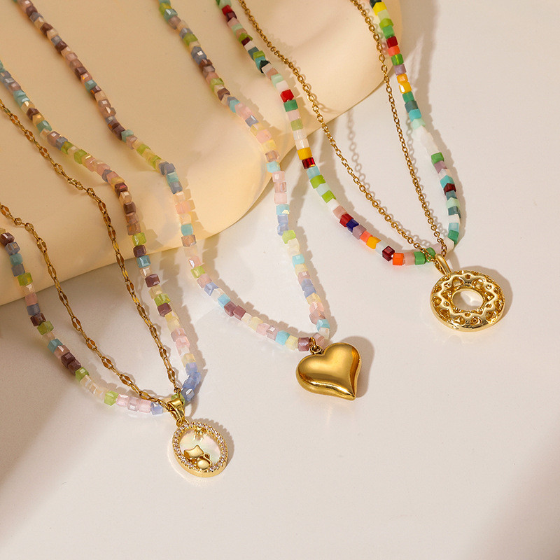 Bohemian Style Necklace Stainless Steel Necklace Colorful Rice Beads Layered Necklace Summer Vacation Style Beaded Collarbone Chain