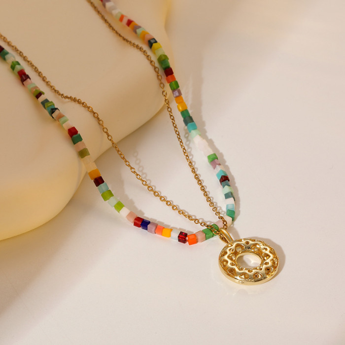 Bohemian Style Necklace Stainless Steel Necklace Colorful Rice Beads Layered Necklace Summer Vacation Style Beaded Collarbone Chain