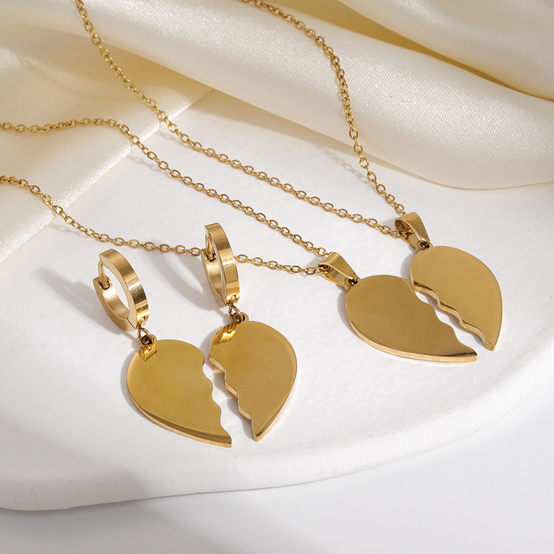 Stainless Steel Earrings Necklace He Loves Heart Couple Splicing Neck Chain Clavicle Chain Non-Fading Cross-Border Titanium Steel Necklace for Women