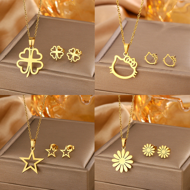 Stainless Steel Earrings Necklace Set Five-Pointed Star Heart Earrings Neck Chain Titanium Steel Jewelry Non-Fading Necklace Earrings