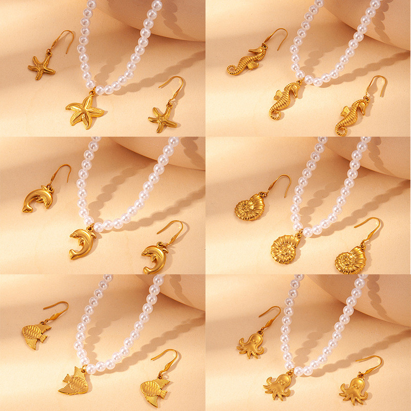 Pearl Ocean Style Necklace Dolphin Shell Starfish Pendant Choker Beach Vacation Non-Fading Summer Colorful Necklace
