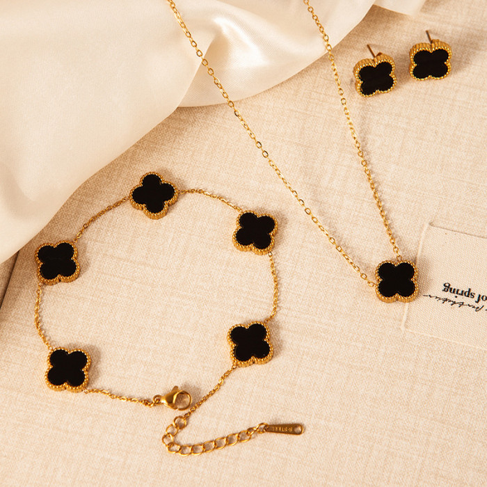 Fanjia High-End Jewelry Set Four-Leaf Clover Earrings Acrylic Four-Leaf Clover Necklace Bracelet Shell Bracelet Set