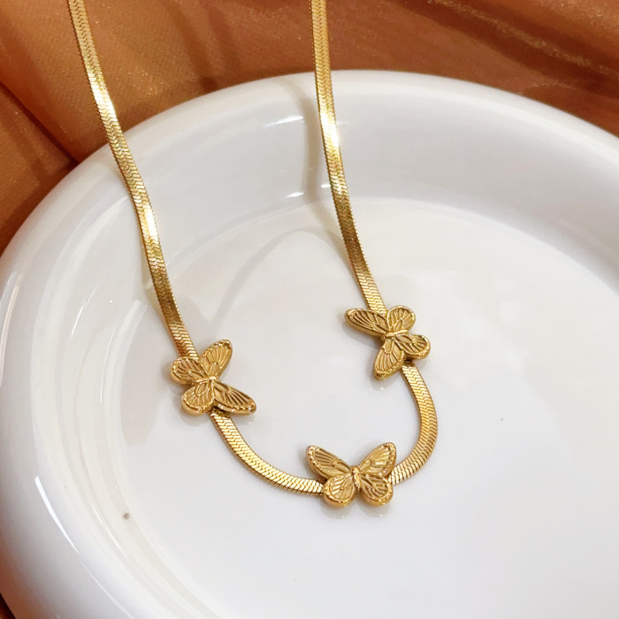 Retro Heart Butterfly Flat Bracelet Gold Women's Unique Design Sense Jewelry Titanium Steel Set High-End Feel