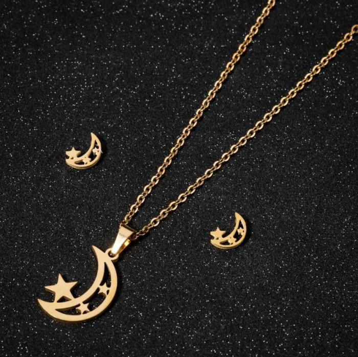 Stainless Steel Earrings Necklace Set Five-Pointed Star Heart Earrings Neck Chain Titanium Steel Jewelry Non-Fading N...