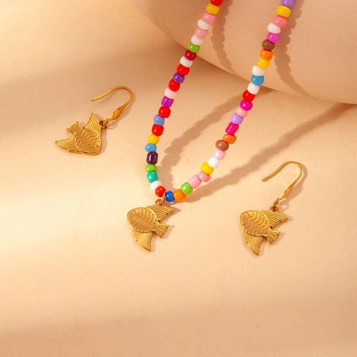 Summer Colorful Bead Necklace Ocean Style Necklace Dolphin Shell Starfish Pendant Neck Chain Beach Vacation Non-Fading