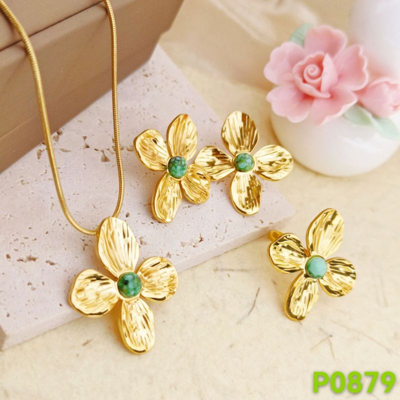 Cross-Border Hot-Selling Women's Stainless Steel High-End Petal Turquoise Necklace Flower Bud Earrings Non-Fading Sweater Chain Set
