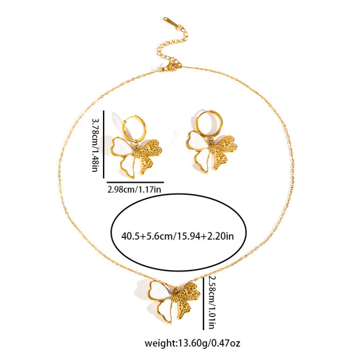 Stainless Steel Necklace Earrings Bowknot White Shell Gold-Plated Collarbone Chain European and American Cross-Border Elegant Choker Titanium Steel Necklace for Women