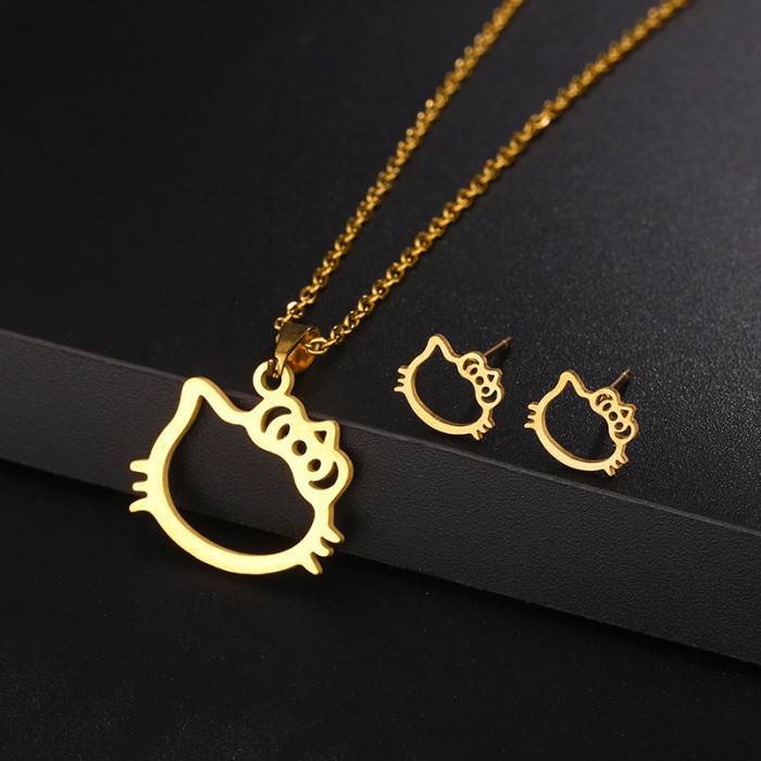 Stainless Steel Earrings Necklace Set Five-Pointed Star Heart Earrings Neck Chain Titanium Steel Jewelry Non-Fading N...