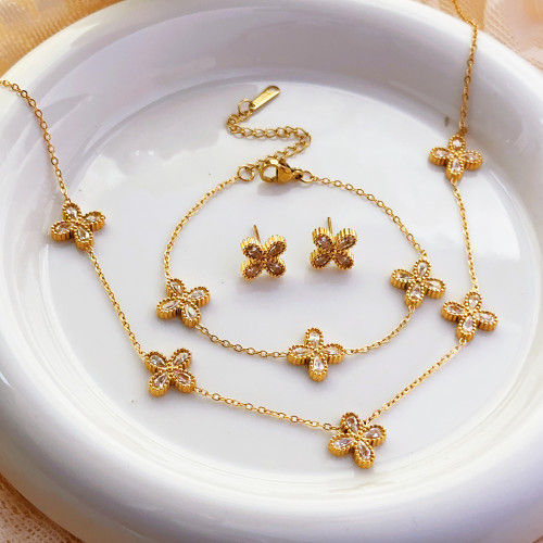 INS Four-Leaf Clover Non-Fading Fresh Sweet Flower Necklace Fashion Bracelet Jewelry Set Fashion Gold Accessories