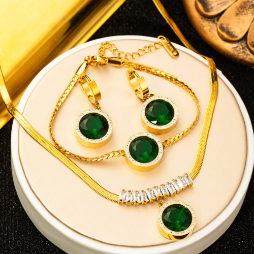 Stainless Steel Necklace Cross-Border Round Vintage Emerald Titanium Steel 18K Non-Fading Earrings Bracelet Set Necklace for Women