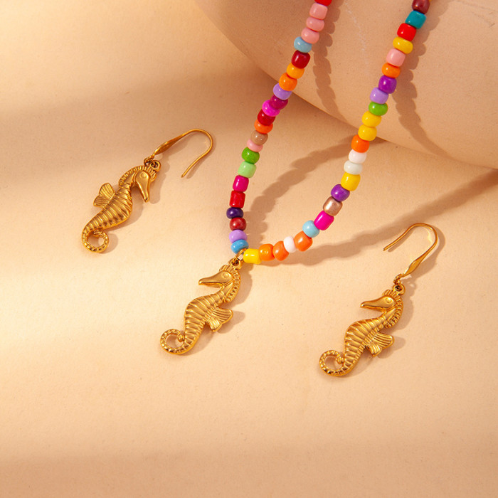 Summer Colorful Bead Necklace Ocean Style Necklace Dolphin Shell Starfish Pendant Neck Chain Beach Vacation Non-Fading