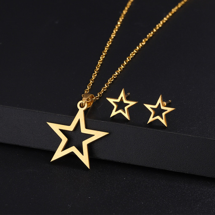 Stainless Steel Earrings Necklace Set Five-Pointed Star Heart Earrings Neck Chain Titanium Steel Jewelry Non-Fading N...