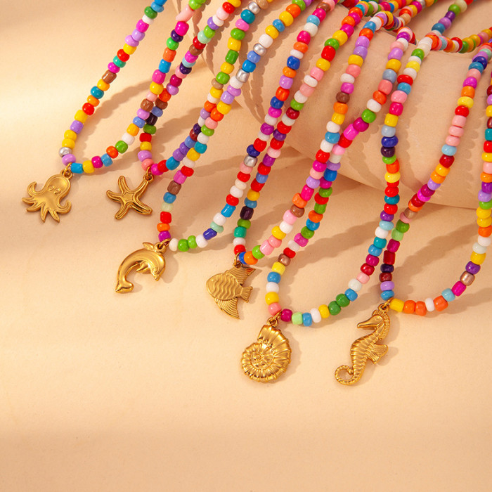 Summer Colorful Bead Necklace Ocean Style Necklace Dolphin Shell Starfish Pendant Neck Chain Beach Vacation Non-Fading