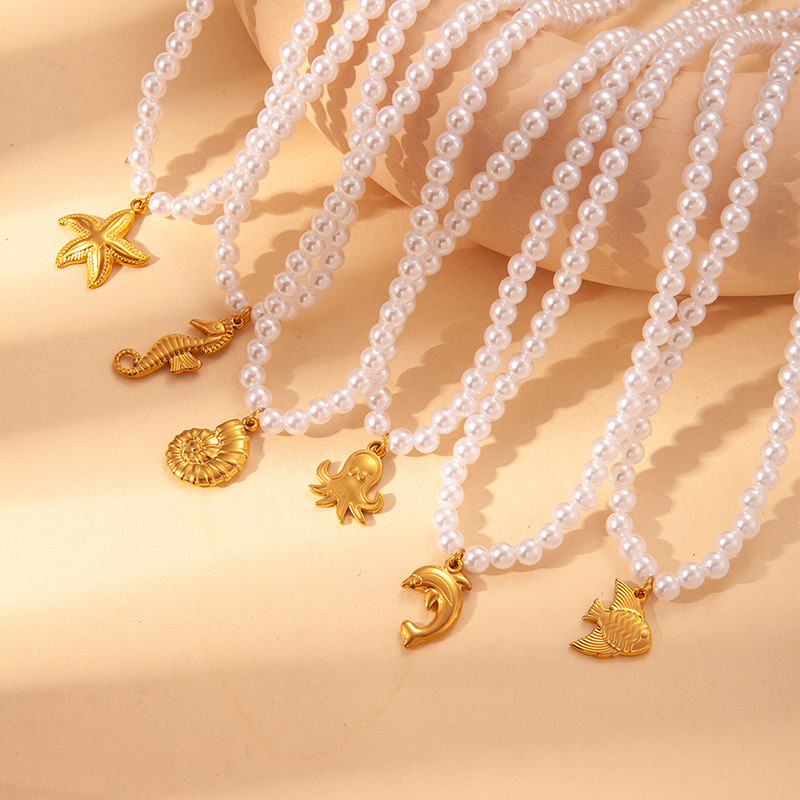 Pearl Ocean Style Necklace Dolphin Shell Starfish Pendant Choker Beach Vacation Non-Fading Summer Colorful Necklace