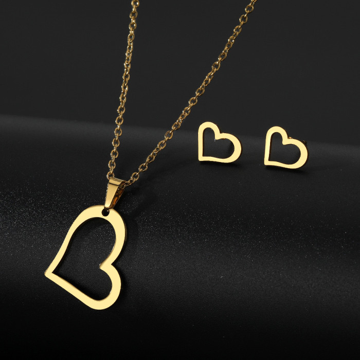 Stainless Steel Earrings Necklace Set Five-Pointed Star Heart Earrings Neck Chain Titanium Steel Jewelry Non-Fading N...