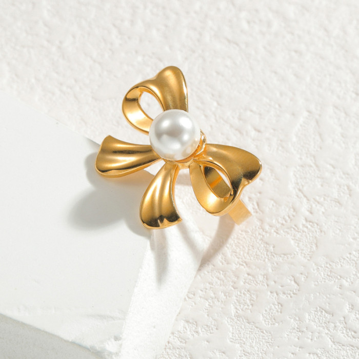 High-grade Titanium Steel Women's Pearl Bow Necklace Earrings Ring Set Stainless Steel New Non-fading Jewelry, Jewelr...