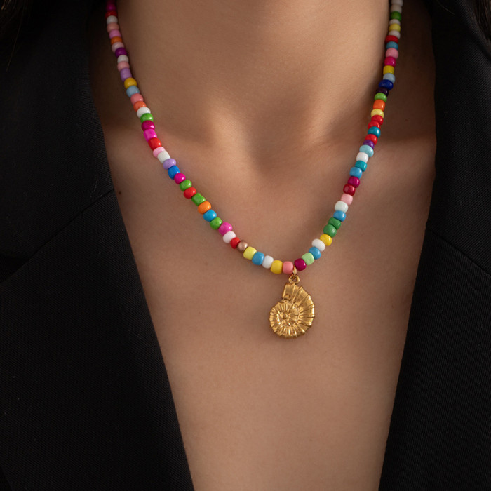 Summer Colorful Bead Necklace Ocean Style Necklace Dolphin Shell Starfish Pendant Neck Chain Beach Vacation Non-Fading