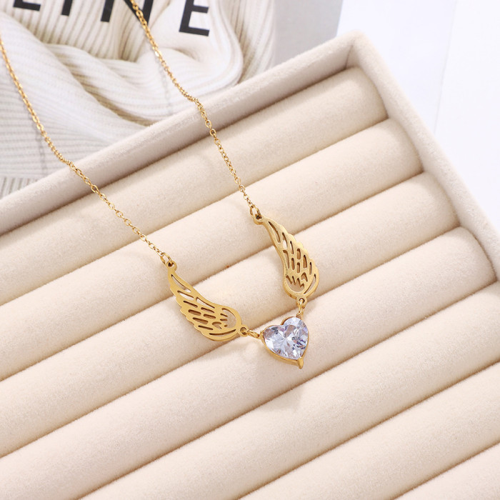 New High-End Fashion Women's Stainless Steel Versatile Titanium Steel Non-Fading Zircon Inlaid Angel Wing Necklace Je...