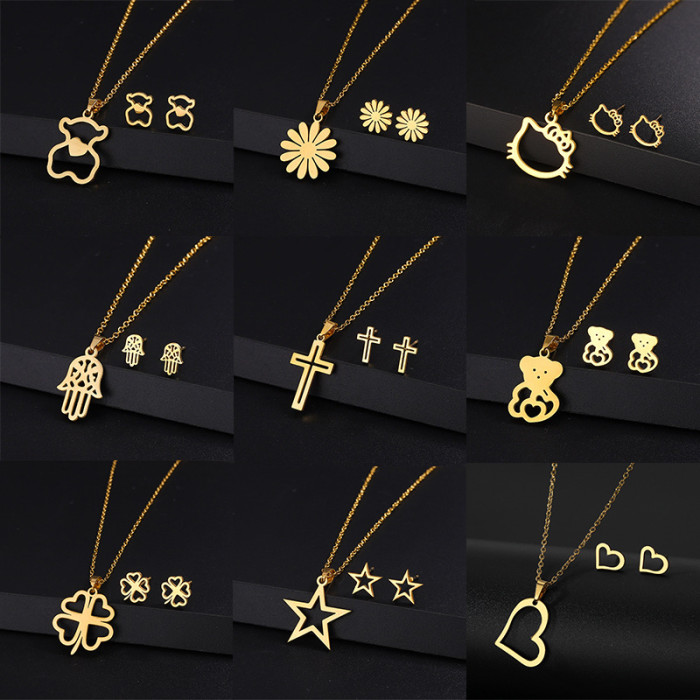 Stainless Steel Earrings Necklace Set Five-Pointed Star Heart Earrings Neck Chain Titanium Steel Jewelry Non-Fading N...