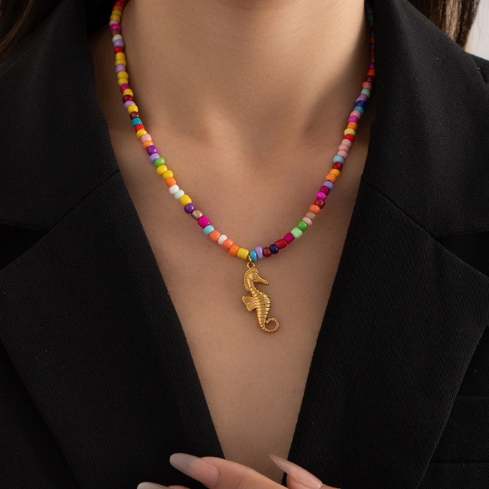 Summer Colorful Bead Necklace Ocean Style Necklace Dolphin Shell Starfish Pendant Neck Chain Beach Vacation Non-Fading